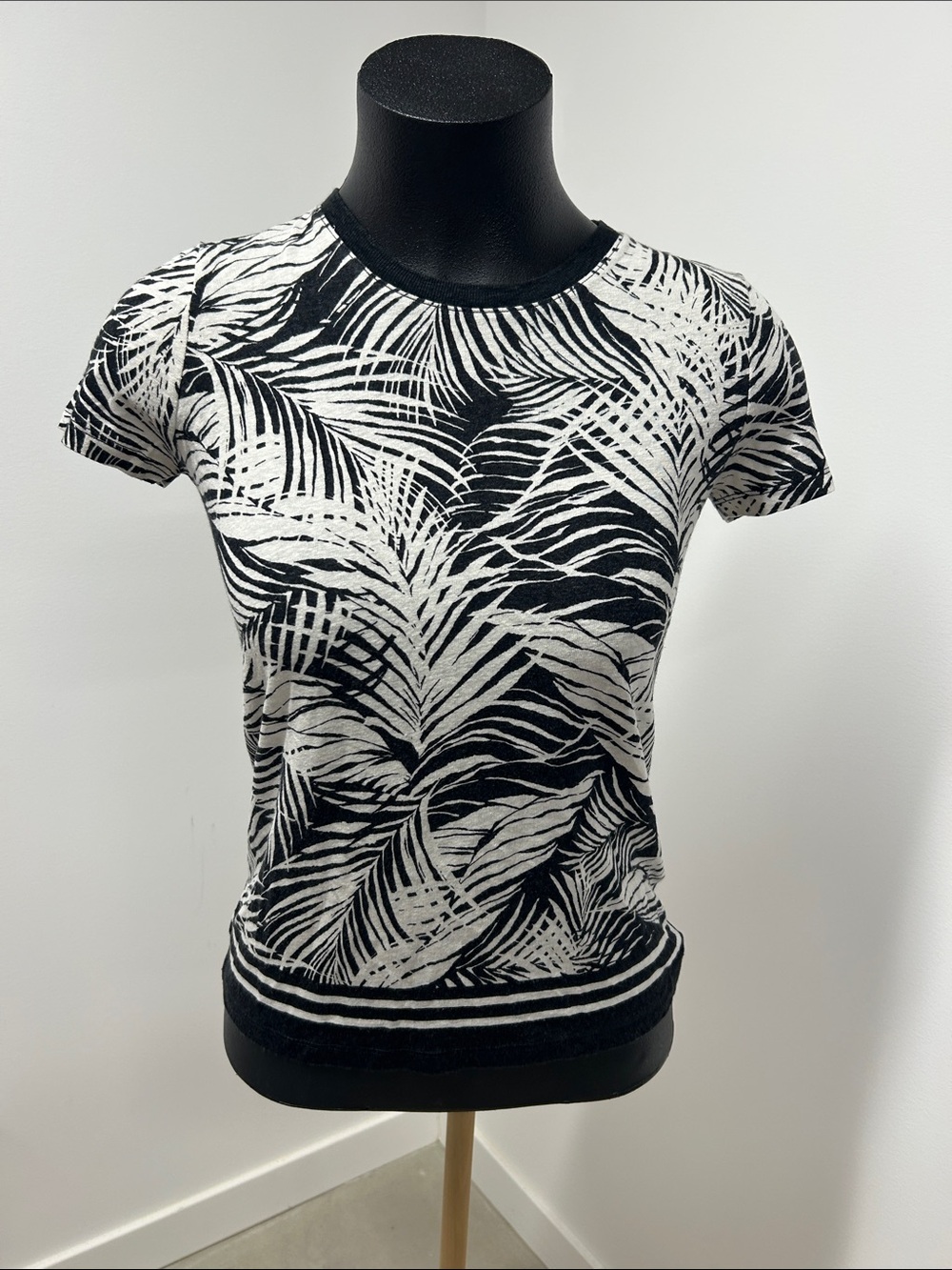 Lauren Ralph Lauren Petite Black White Palm Print Linen Viscose T-Shirt Top PS